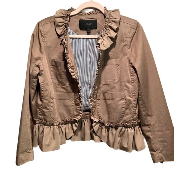 J Crew Tan Frill Peplum Crop Jacket with seersucker lining accents Size 6 - Picture 3 of 12